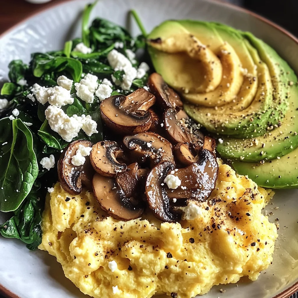 Creamy Scrambled Eggs with Sautéed Mushrooms, Spinach & Avocado